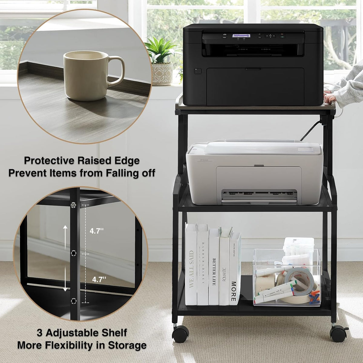 Lauren&Harold 34'' Printer Stand with Power Outlets & USB Ports, 3-Tier Adjustable Rolling Cart, Heavy Duty 150LBS Storage Table with Wheels for Office, Kitchen, Living Room, Black