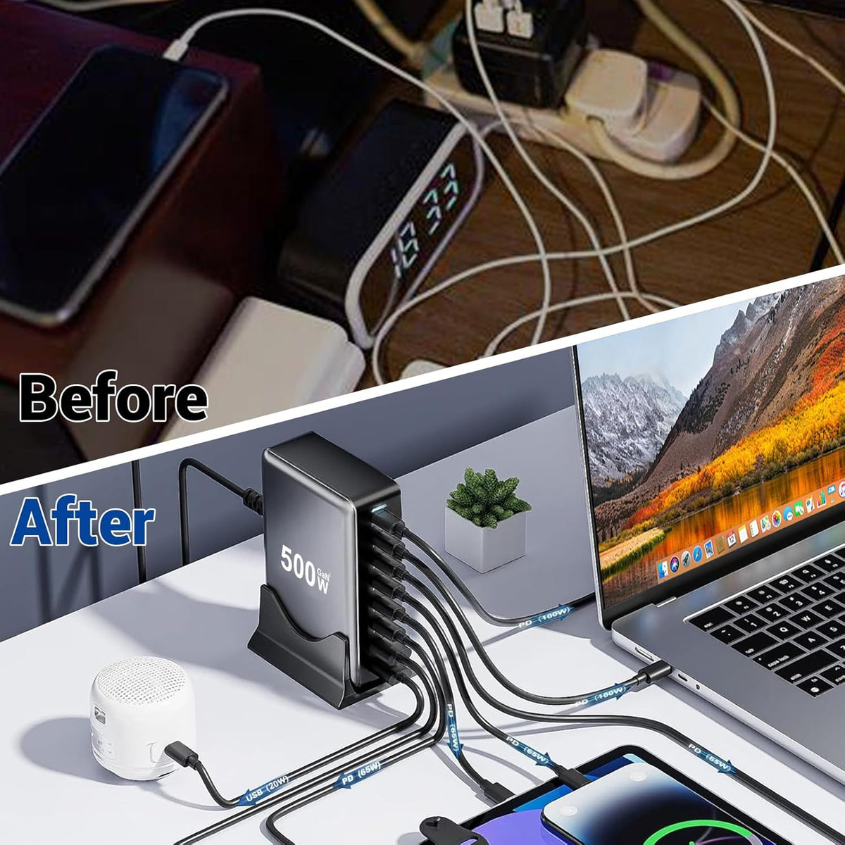 500W USB C Fast Charger Block, 8 Port Charging Station, GaN Ⅲ Multi Port Charging Station Hub for Multiple Devices, Multiport USB Charger Station Compatible with MacBook iPhone iPad Dell