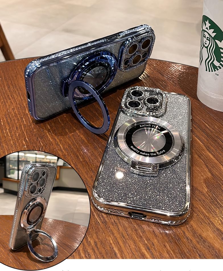 Magnetic Kickstand (Glitter Lens Protector ) Case for iPhone 15 14 13 12 Pro Max (Compatible with Magsafe ) Sparkling Diamond Cover Glitter Shiny Rhinestone Cases (Pink,for iPhone 12 Pro Max)