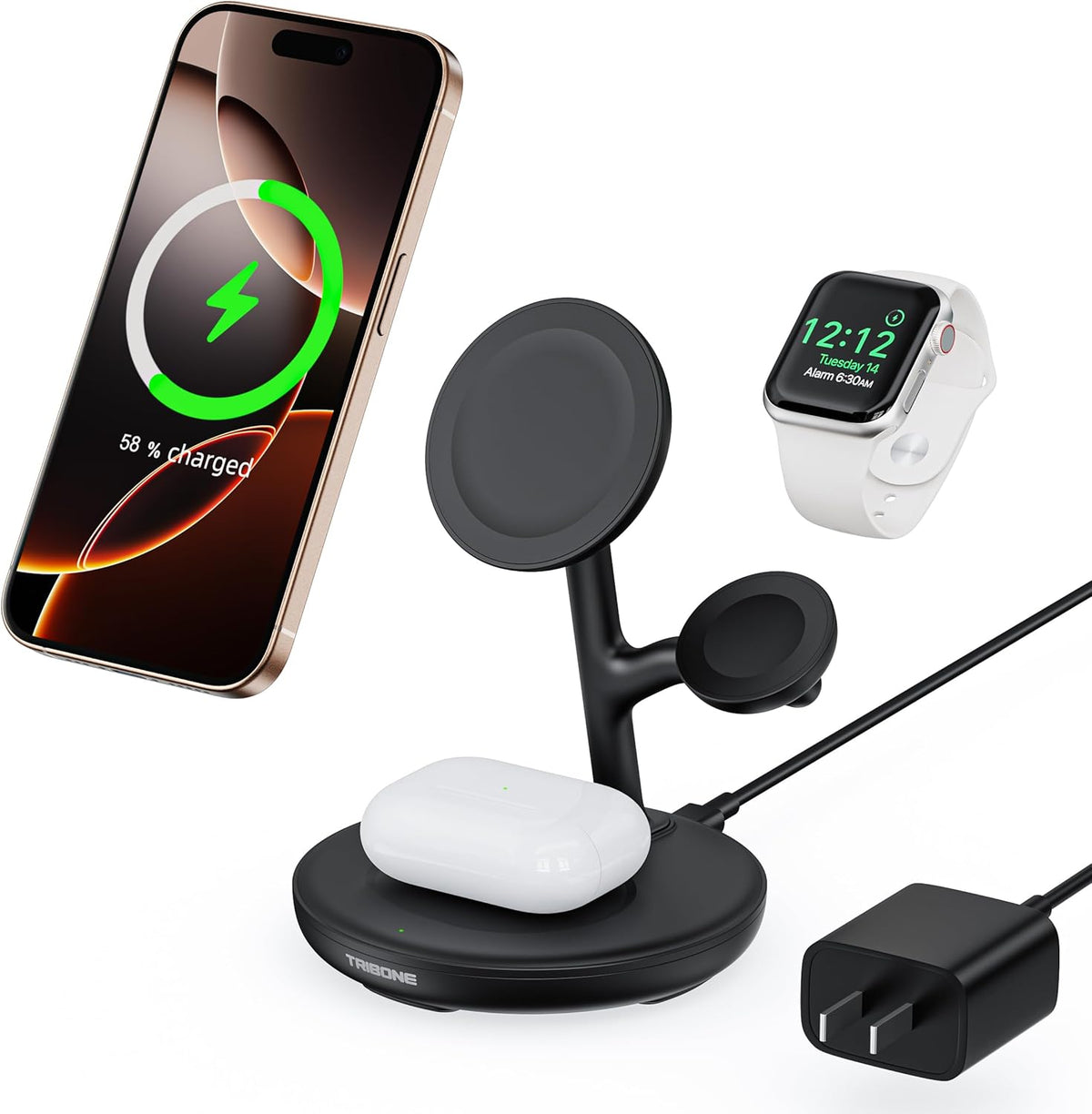3 in 1 Magnetic Wireless Charger Stand for Apple Devices, TRIBONE Fast Charging Station for iPhone 16/15/14/13/12 Series, Apple Watch, Airpods (Black)