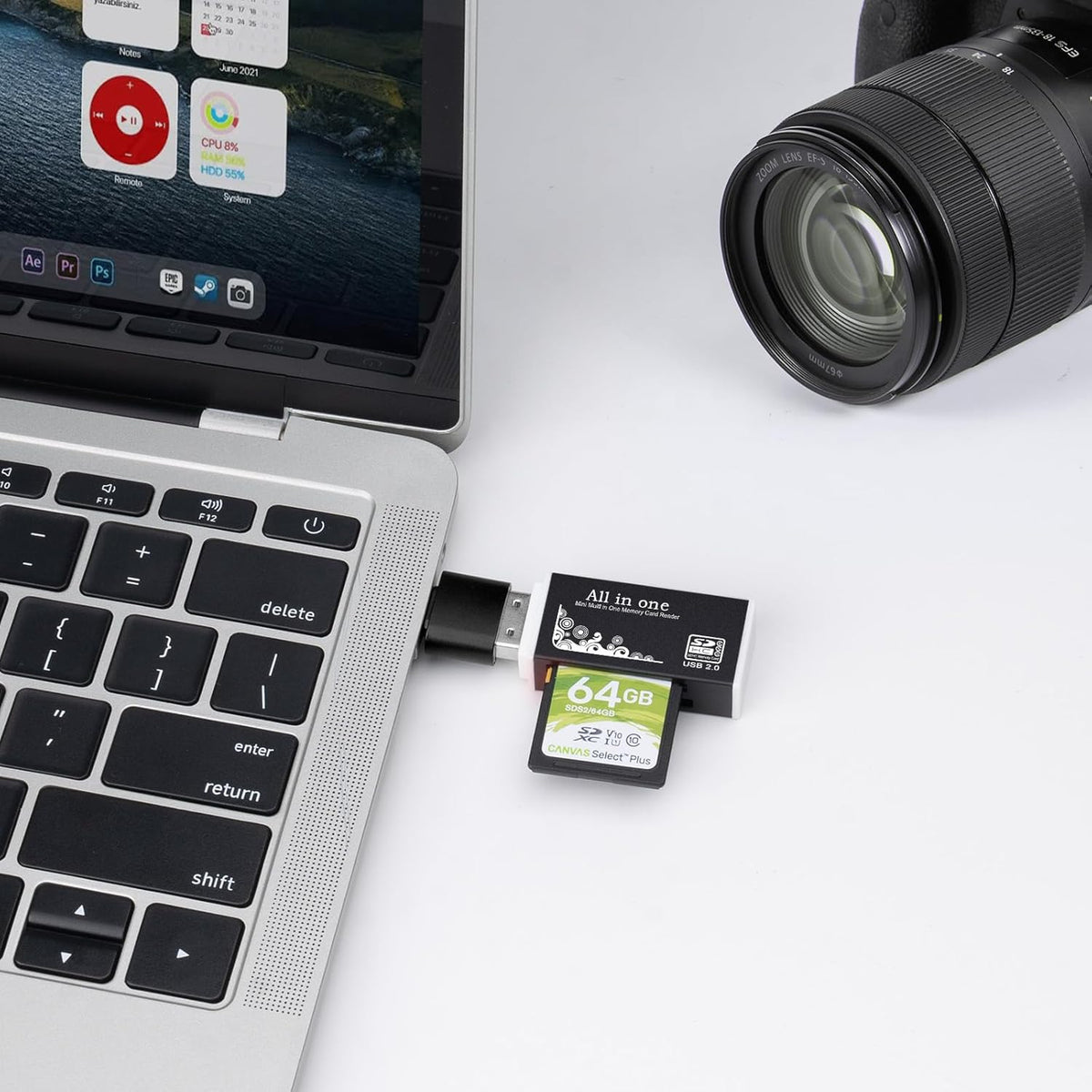 USB Memory Card Reader, BORLTER CLAMP USB Card Reader for Computer with a Type C Adapter,Supports CF, SD, MMC Cards.