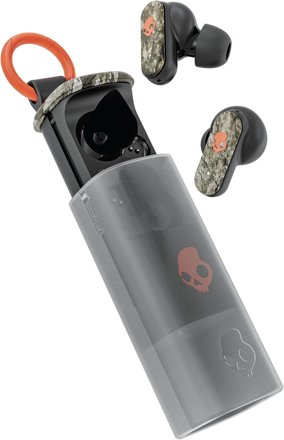 Skullcandy Dime Evo Wireless Earbuds, Bluetooth Headphones, Noise Isolating Fit, Up to 36 Hours Battery, Microphone, Easy Carry with Clip-Anywhere Case - Realtree APX Black/Orange