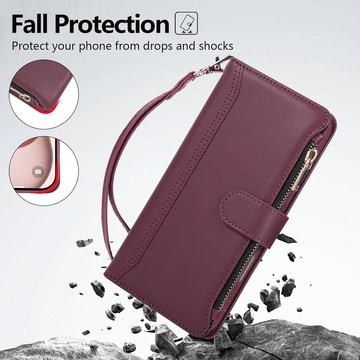 Compatible with iPhone 12/12 Pro Wallet Phone Case-PU Leather Magnetic Flip Cover with Credit Card Slots,Zipper Pocket & Detachable Wrist Strap,Shockproof Design,for Women and Men-Claret