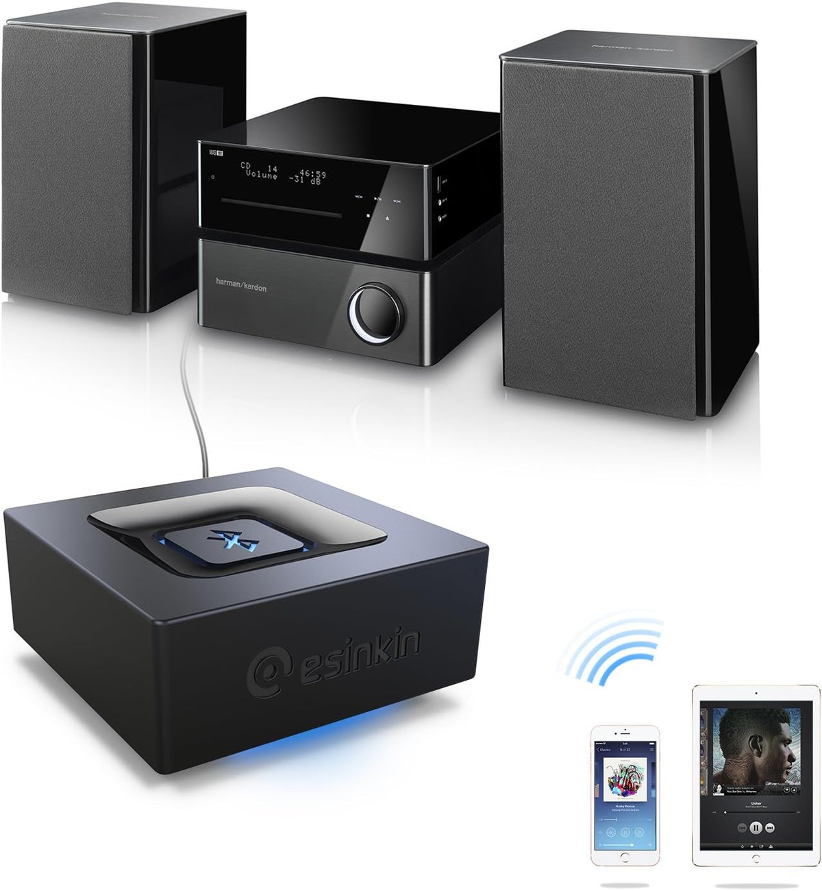 esinkin Bluetooth Audio Adapter for Music Streaming Sound System, Wireless Audio Adapter Works with Smartphones and Tablets, Bluetooth Receiver for Home Stereo