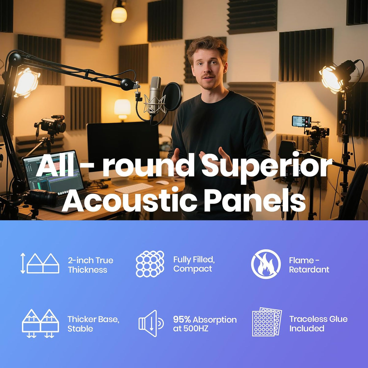 Focusound Acoustic Panels 50 Pack 2"x12"x12" with 300 PCS Double-Side Adhesive - Sound Proof Pyramid Foam for Walls, Home Studio Noise Absorption & Echo Control Kit