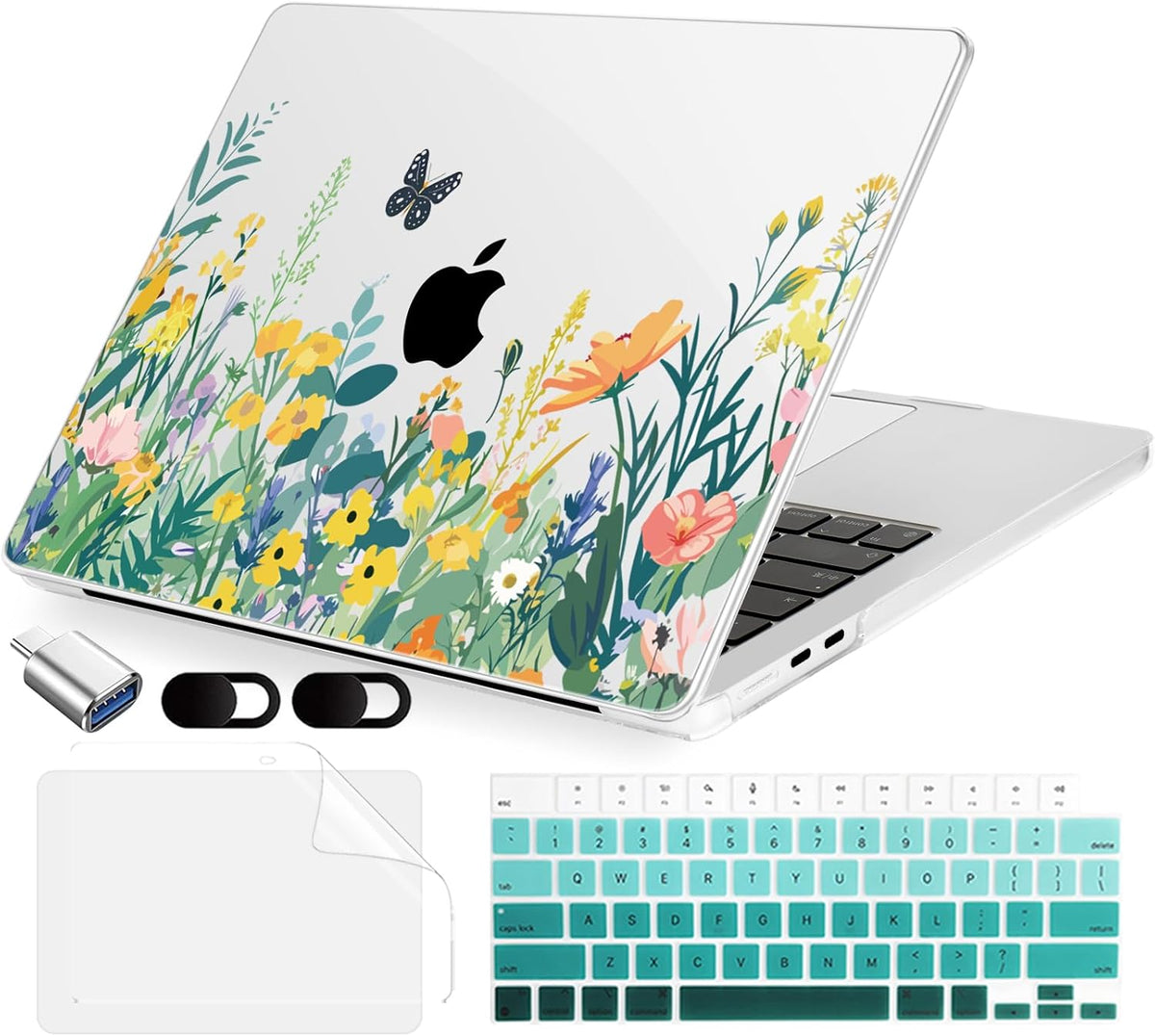 Compatible with MacBook Air 13.6 inch Case, M4 A3240/M3 A3113/M2 A2681 (Released 2025 to 2022), Hard Shell, Keyboard Cover, Screen Protector, Webcam Cover & Type-C Adapter, Butterfly Flowers