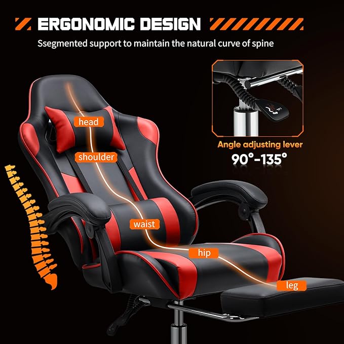 Sweetcrispy Video Game Chair - Ergonomic Computer Desk with Footrest and Comfy Lumbar Support PU Leather Recliner with Headrest Fixed Up Armrest Height Adjustable with 360° Swivel for Adults Red