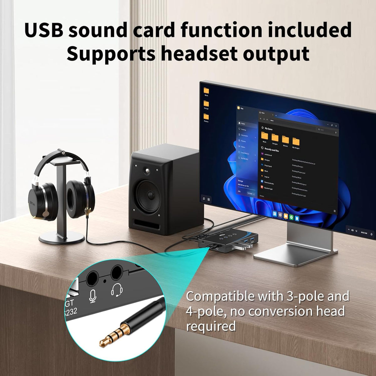 eKL USB 3.0 Switch 4 Computers Share 4 USB 3.0 Ports USB Switcher for PC Laptop Mouse Keyboard Scanner Printer One Button Switch with 3.5mm Headphone Jack and 4 Pack Cables