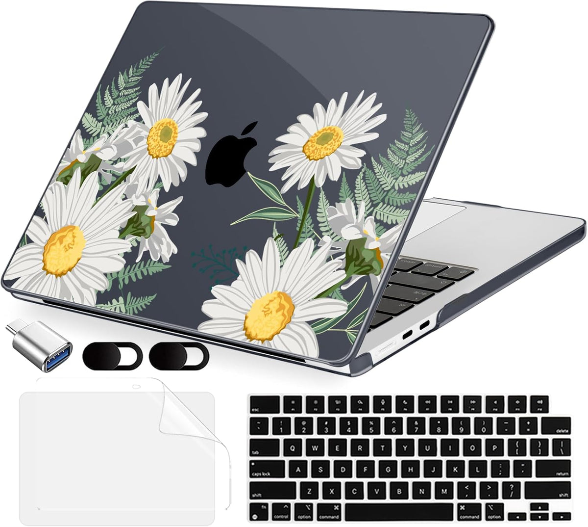 Compatible with MacBook Air 15 inch Case, M4 A3241/M3 A3114/M2 A2941 (Released 2025 to 2023), Hard Shell, Keyboard Cover, Screen Protector, Webcam Cover & Type-C Adapter, Daisies