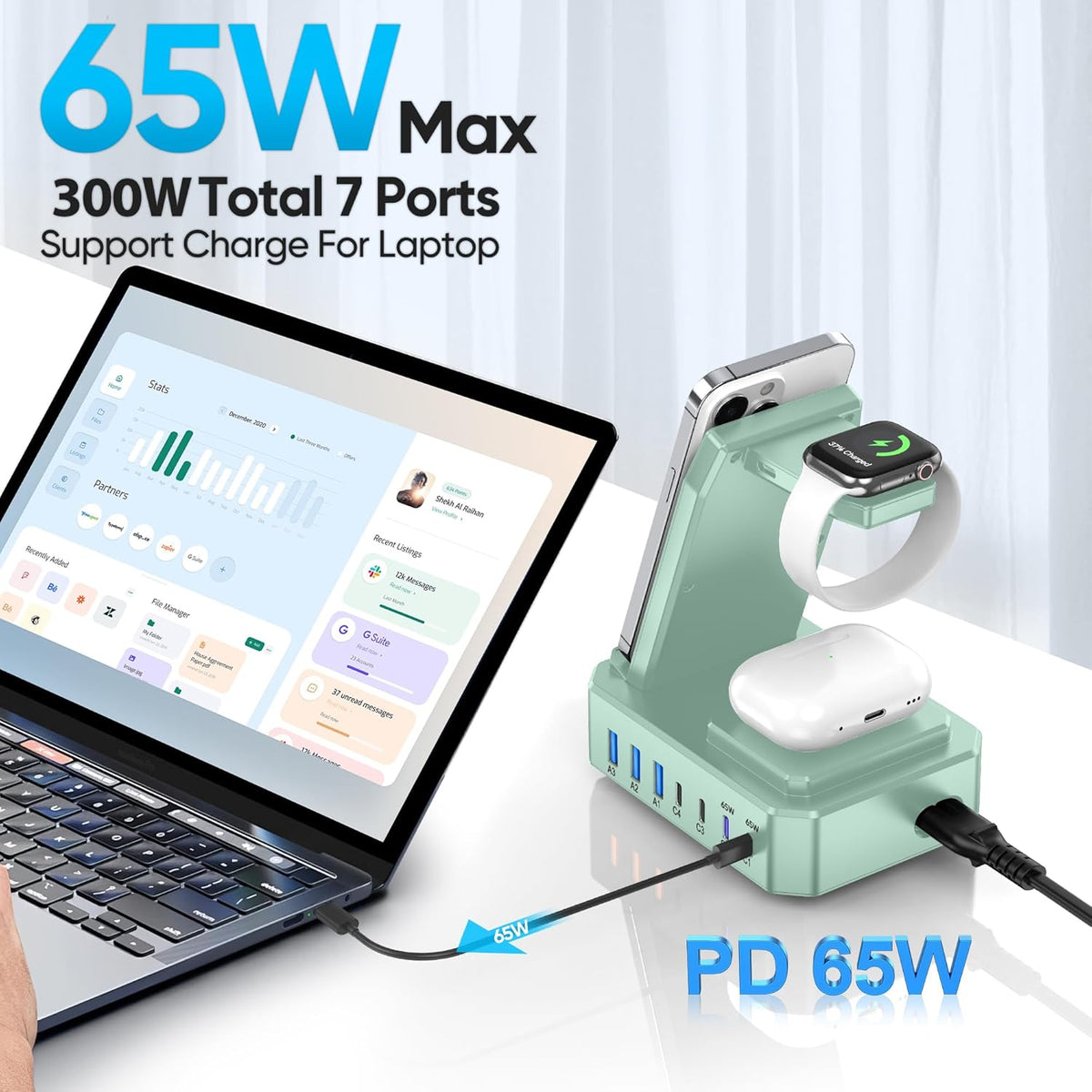 300W Charging Station for Multiple Devices Apple, Zutspzss 10 in 1 Wireless Charger for iPhone 16, GaN III USB C 65W PD Fast Charging Stand Dock for MacBook, Apple Watch&Airpods,Green