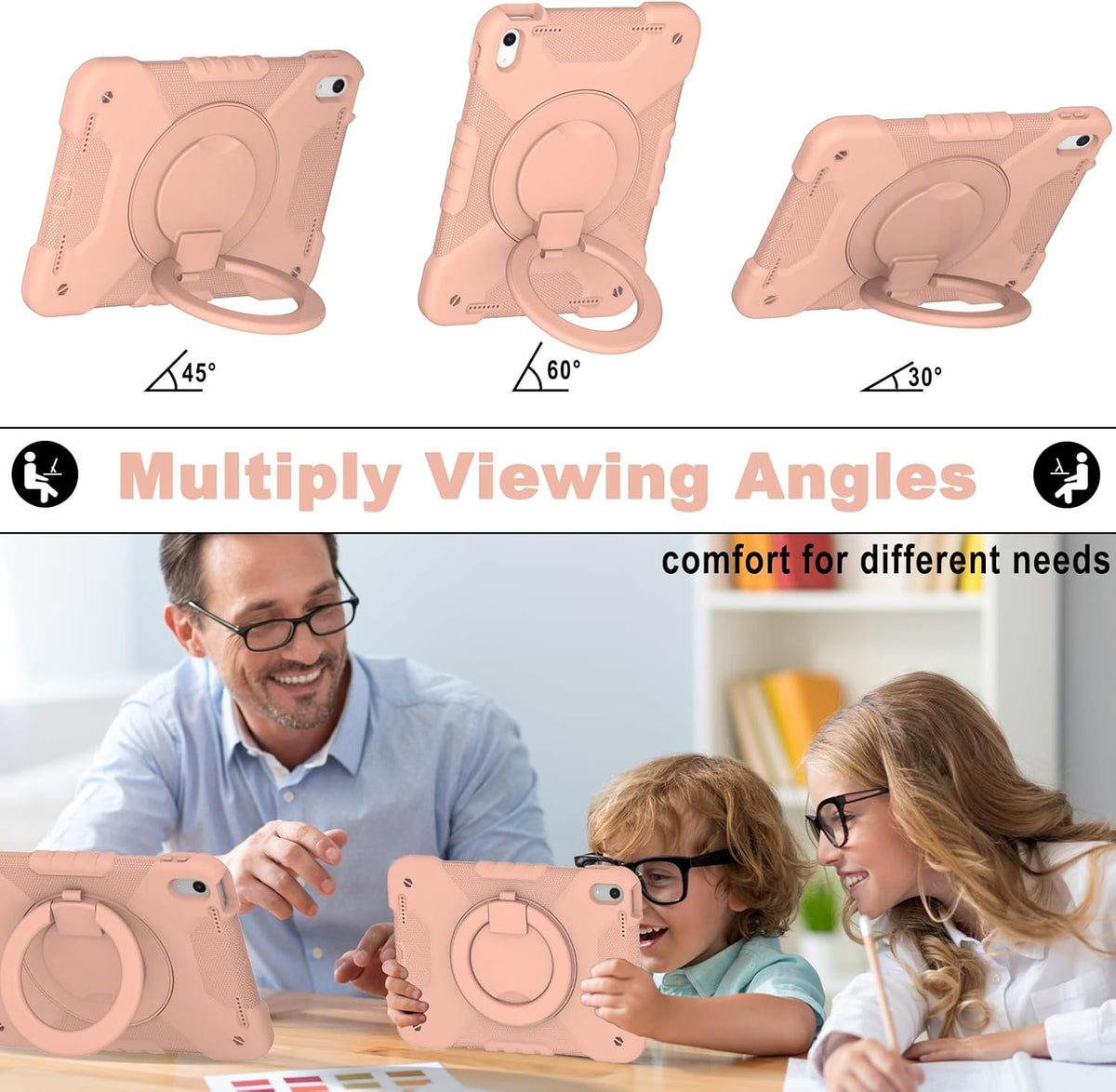 Case for iPad (A16) 11th Generation 11 inch 2025/10th Generation 10.9 inch 2022, Heavy Duty Shockproof Kids Protection Cover with Pencil Holder/360° Rotating Stand/Handle/Shoulder Strap, Rose Gold