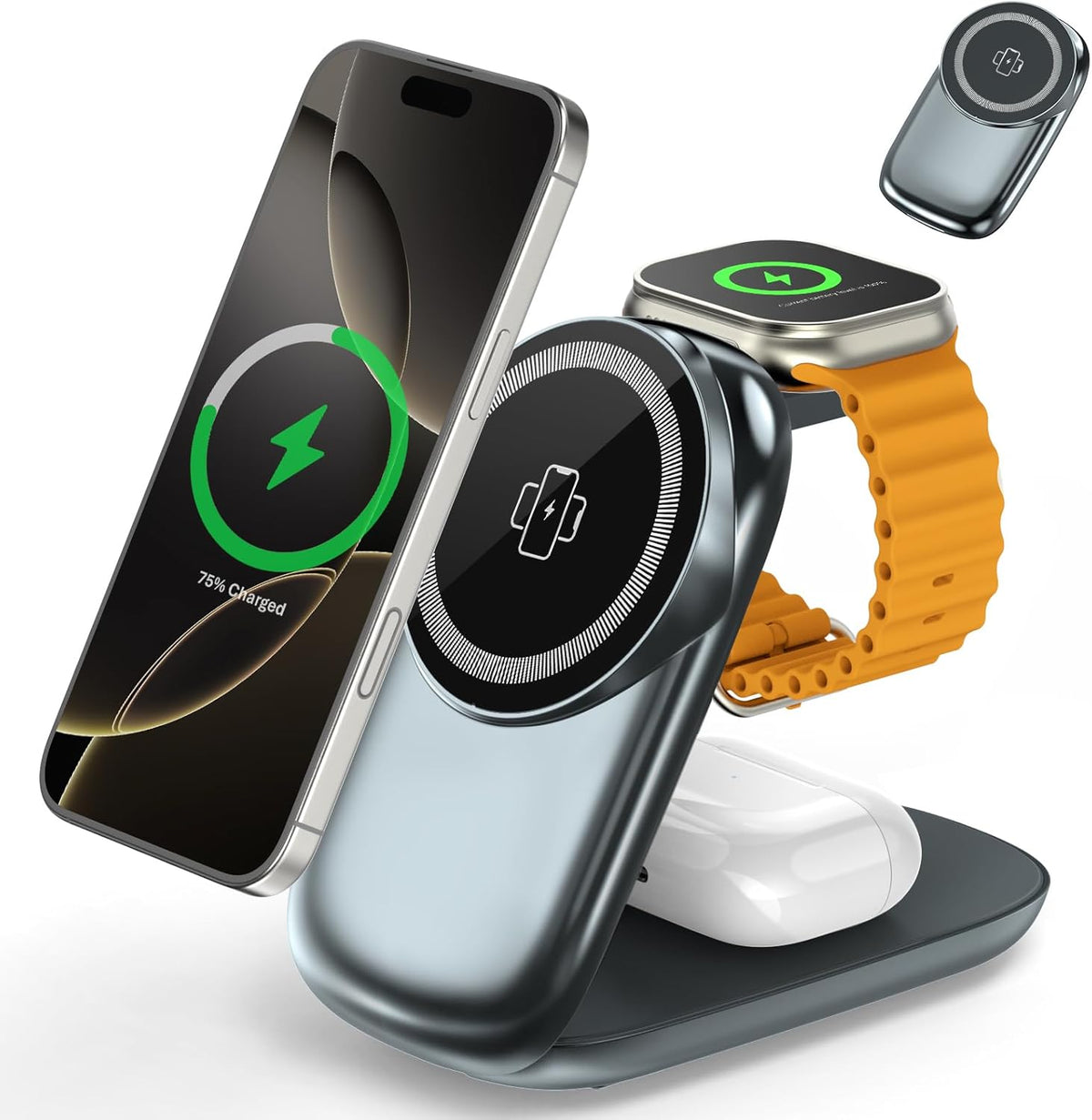 3 in 1 Folding Charging Station for iPhone 16e/16/15/14/13/12 Compatible with Apple Watch 10/9/8/7/6/5/4/3 Ultra,Wireless Charging Station for Airpods/4/3 pro