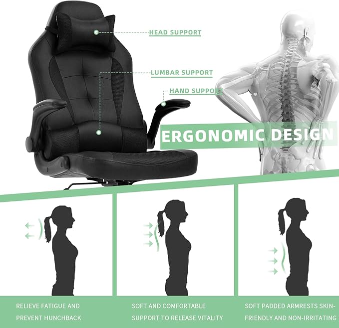 Video Gaming ChairErgonomic Computer Office Desk Chair with Comfy Lumbar Support PU Leather Recliner with Headrest Fixed Up Armrest Height Adjustable with 360° Swivel for Adults GamingBlack