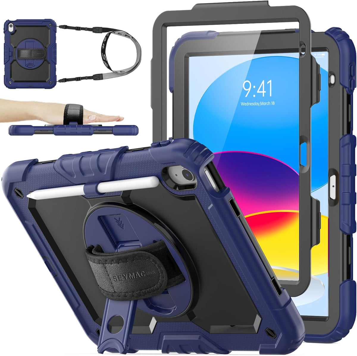 SEYMAC stock Case for iPad (A16) 11th/10th Generation 11''/10.9'' 2025/2022, Full-Body Drop Protection Case with Screen Protector &360° Rotate Hand Strap/Stand, Navy Blue