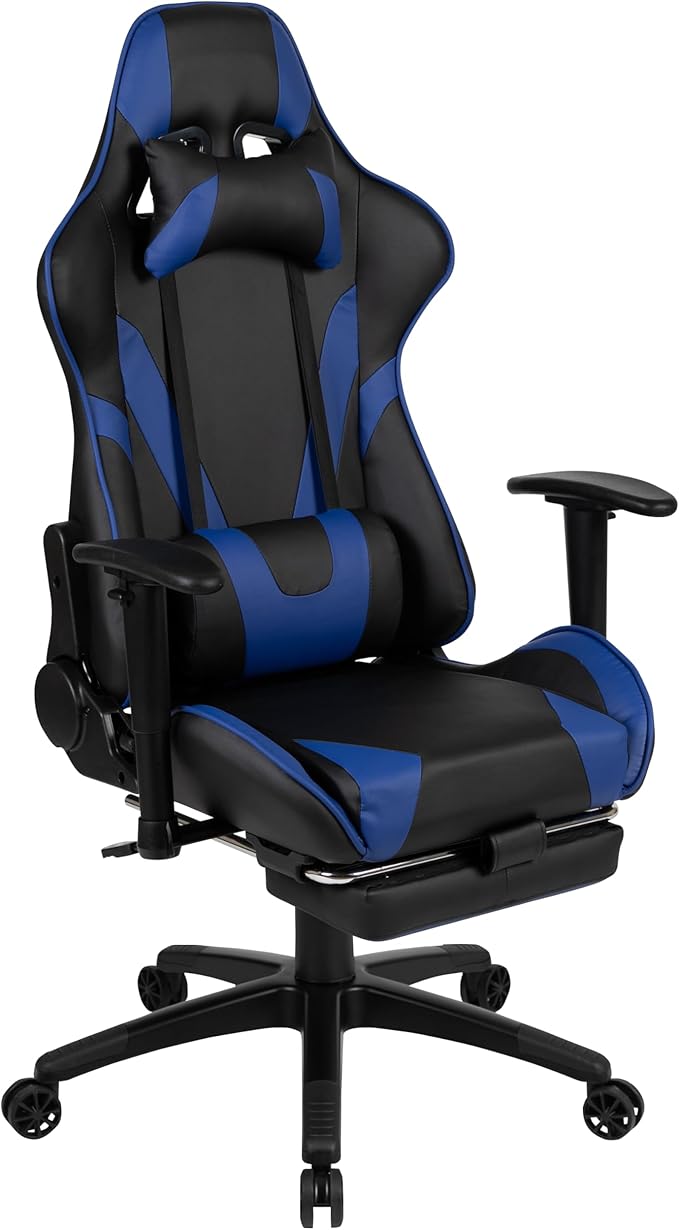 BizChair Black Gaming Desk with Cup Holder/Headphone Hook and Monitor/Smartphone Stand &amp Blue Reclining Gaming Chair with Footrest
