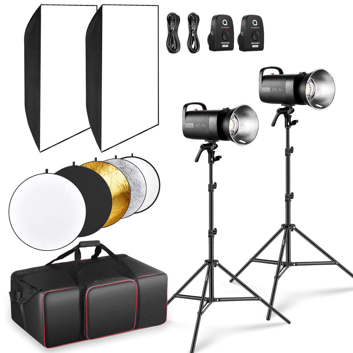 NEEWER S102-400W PRO Flash Lighting Kit (2 Pack) with 2X 2.4G Trigger, 2X Photography Light Stand, 2X Softbox, 5 in 1 Reflector,