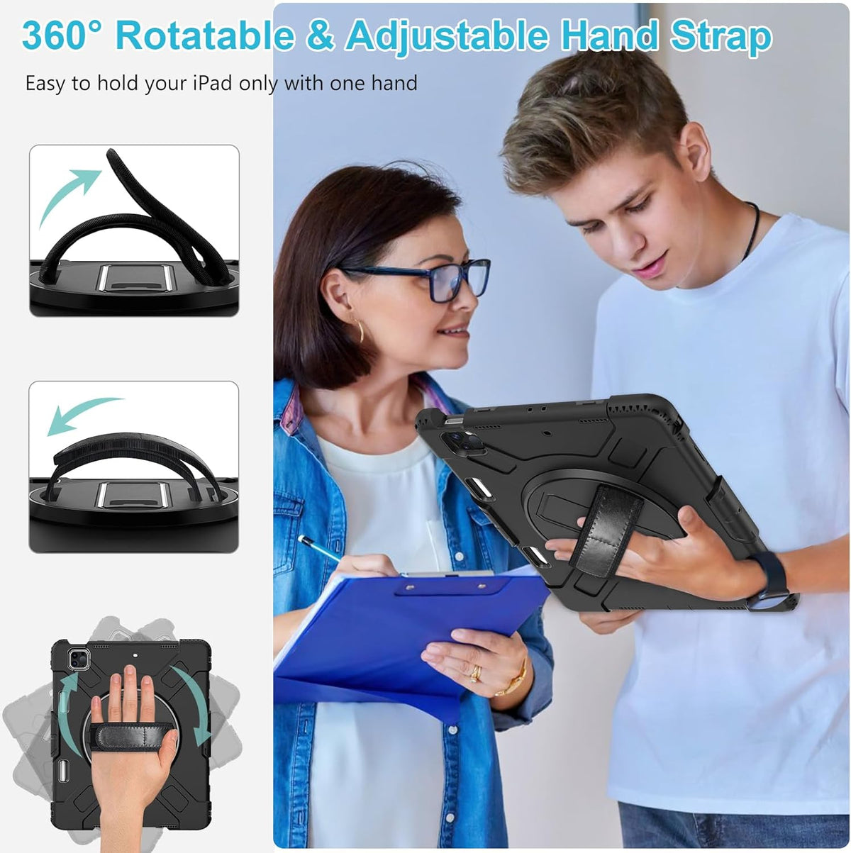 Case for iPad Pro 12.9 2022/2021/ 2020/2018: Cover for iPad Pro 12.9 6th/ 5th/ 4th/ 3rd Generation with Screen Protector- Stand- Pencil Holder- Handle- Shoulder Strap Black
