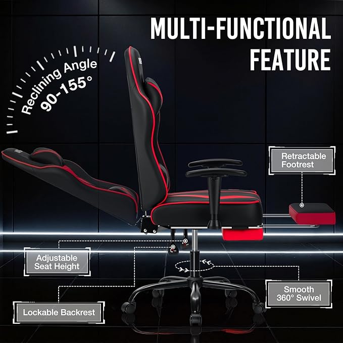 HOFFREE Massage Gaming Chair with Pocket Spring Cushion 155° Reclining Computer Gamer Chair with Footrest and Adjustable Armrests Ergonomic Video Game Chairs Red and Black