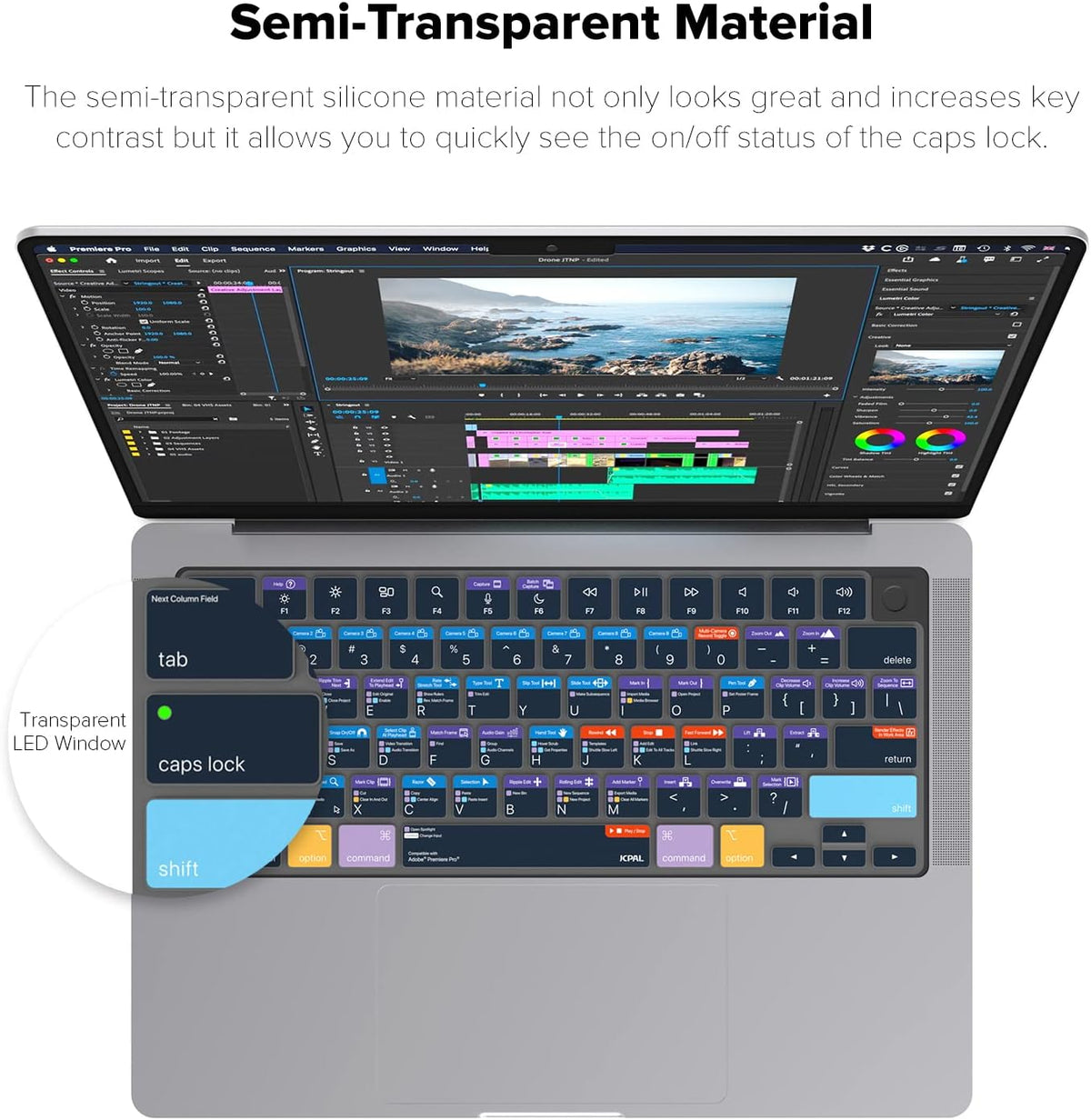 JCPal Adobe Premiere Pro Shortcut Guide Keyboard Cover for Apple MacBook Pro 14 inch and MacBook Pro 16 inch (M1-M4 Models) and MacBook Air 13 inch and MacBook Air 15 inch (M2-M4 Models) (US-Layout)