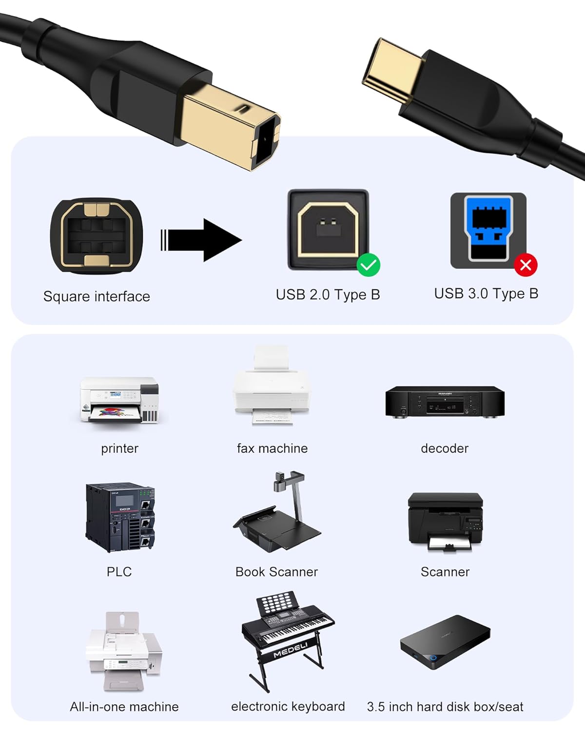 6ft, 6 Printer Cable Scanner USB C to USB B Cable for Epson, HP, Canon, Midi, Ethernet Print to Computer/Laptop/Pc-USB