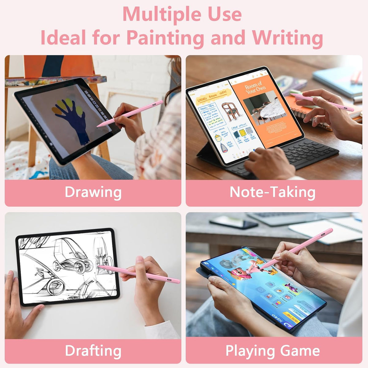 Stylus Pen for iPad 2018-2023 With Palm Rejection, Active Pencil for iPad Pro 11/12.9 Inch, Air 5th/4th/3th Gen, Mini 6th/5th Gen, 10th/9th/8th/7th/6th Generation (Pink)
