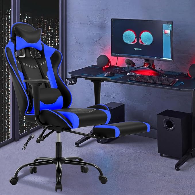 Massage Gaming Chair - Ergonomic PC Racing Office Chair with Lumbar Support Headrest Armrest Footrest - Black Heavy Duty PU Leather Recliner for Adults Gamer (Blue)