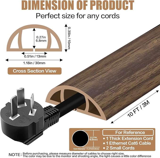 Floor Cord Cover Self Adhesive Cord Hider,10FT Cable Management, Extension Strip Protector for Wires, Prevent Cable Trips for Offices, Gyms, Exhibitions Cavity:0.39"(W) x 0.27"(H) Wood Walnut