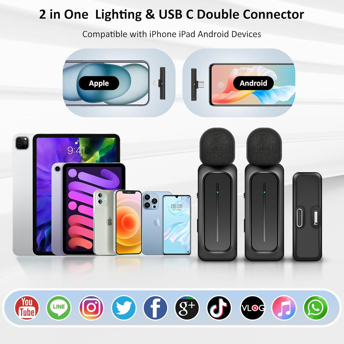 2 Pcs Wireless Lavalier Microphone for iPhone iPad Android with Charging Case 7H Clip on Lapel Microphone Wireless for Video Recording Vlogging, YouTube, Interview, 3 Mode Denoise, 70ft