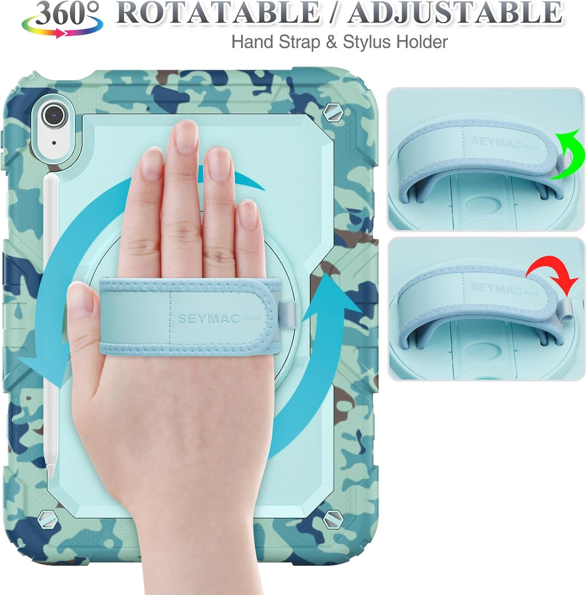 SEYMAC stock Case for iPad (A16) 11th/10th Generation 11''/10.9'' 2025/2022, Full-Body Drop Protection Case with Screen Protector &360° Rotate Hand Strap/Stand, SkyBlue Camo