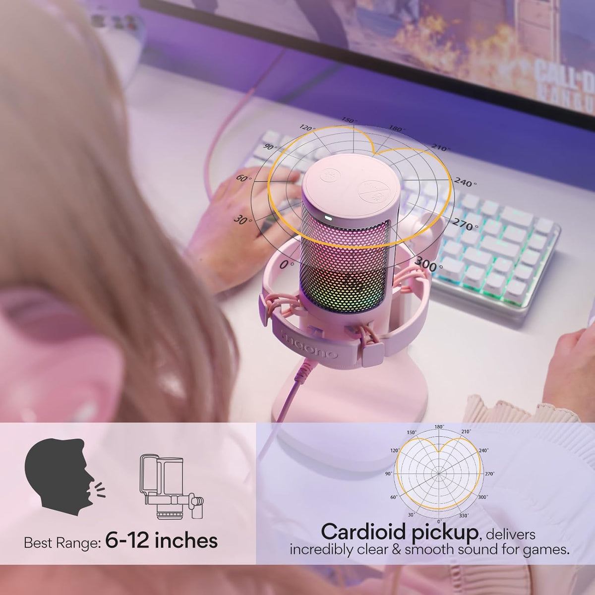MAONO Gaming Microphone with Noise Cancellation, USB Condenser Mic for Streaming, Podcast, Twitch, YouTube, Discord, PC Desktop Computer Mic for PS5, GamerWave DGM20 Pink
