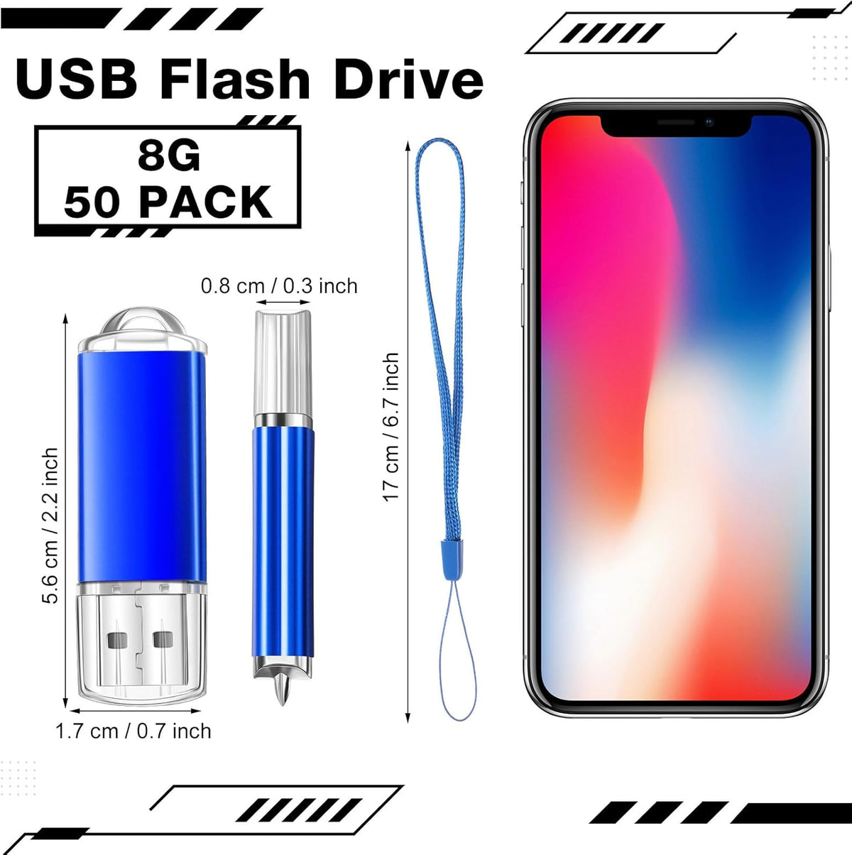 Hoteam 50 Pack USB 2.0 Flash Drives Bulk Blue Portable Thumb Drive with Hat USB Sticks Bulk with 50 Pcs Lanyards for Data Storage File Sharing Commercial Gift(8GB)