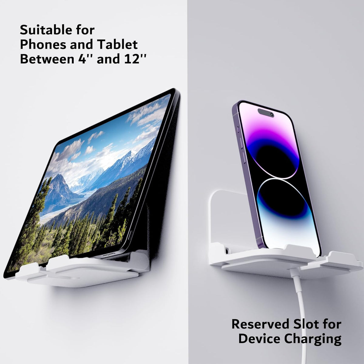 pzoz Wall Mount Cell Phone Holder for Outlet, Foldable Cellphone Stand for Mirror Bathroom Shelf Shower Bedroom Kitchen or Dorm Charging, Compatible with iPhone iPad or Tablet (White)