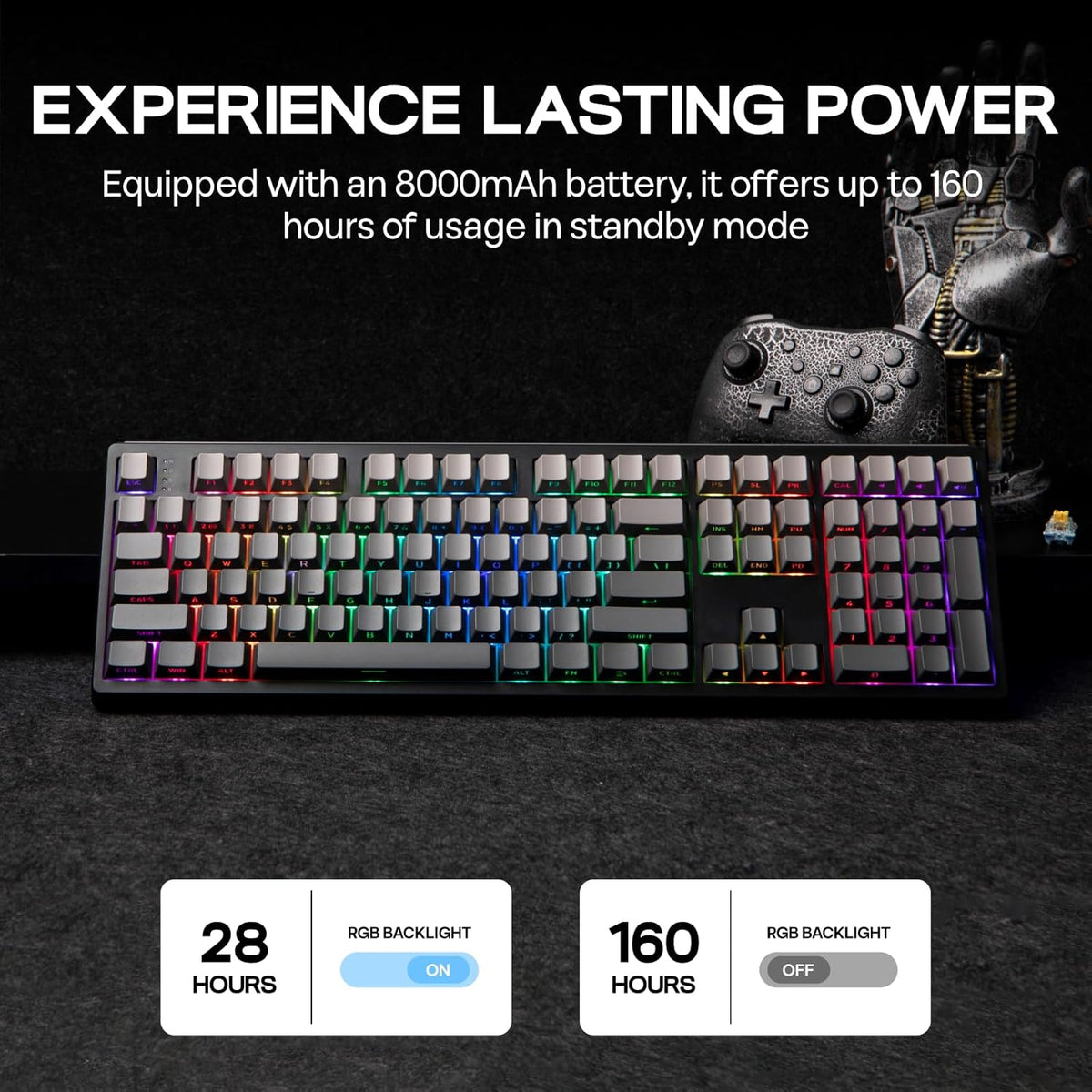 EPOMAKER TH108 Full Size Mechanical Keyboard, Wireless Gaming Keyboard with 8000mAh Battery, Creamy Gasket, 108 Keys, Hot Swap, Custom Driver, RGB Backlight (Black, Creamy Jade)