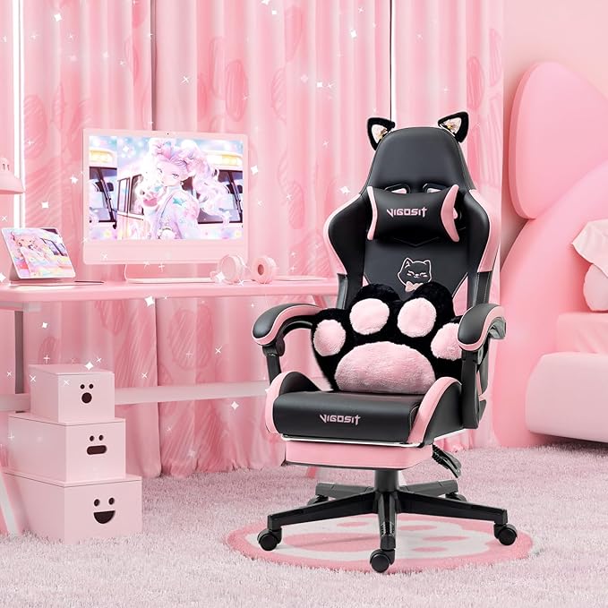 Gaming Chair with Footrest High Back Ergonomic Computer Chair Height Adjustable Game Chair with Headrest and Lumbar Support for Office or Gaming (Pink Black-Cat Ears)