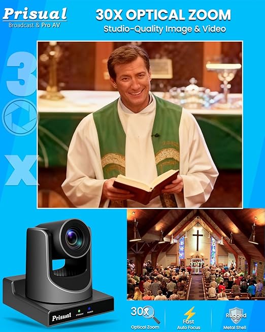 Prisual NDI PTZ Camera System Gen 5 30X Optical Zoom NDI 6 &amp NDI HX3 Certified AI Auto Tracking PoE HDMI Bundle PTZ for Church WorshipNDI PTZ Controller (NDI PTZ Bundle TEM-30N PRO+TEM-JOY1)