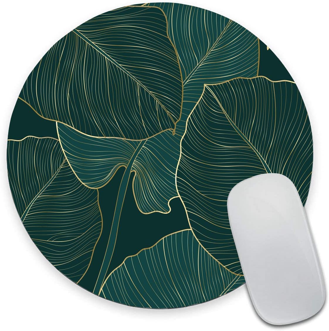 Mouse Pad, Round Computer Mouse Mat with Design, Non-Slip Rubber Base Small Mousepad, Waterproof Office Mouse Pads, Green Tropical Leaves