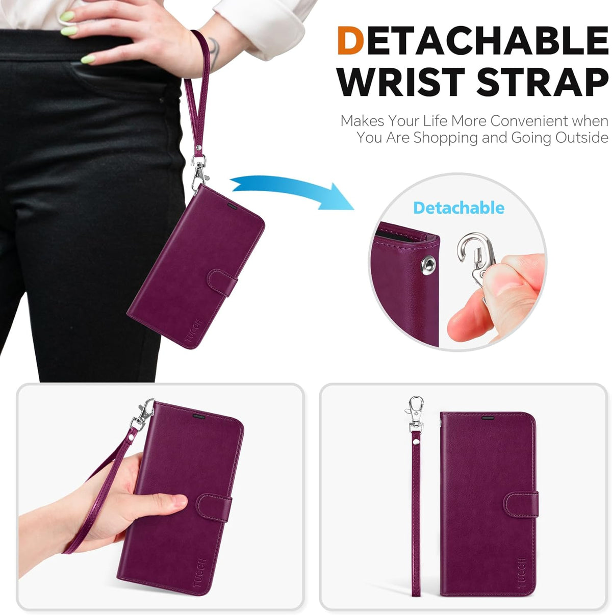 TUCCH Case Wallet for Galaxy S25 Plus, [Detachable] 2 in 1 Magnetic PU Leather Wrist Strap RFID Blocking [Wireless Charging] 4 Card Slot Kickstand Removable Flip Cover for Galaxy S25 Plus, Plum Purple