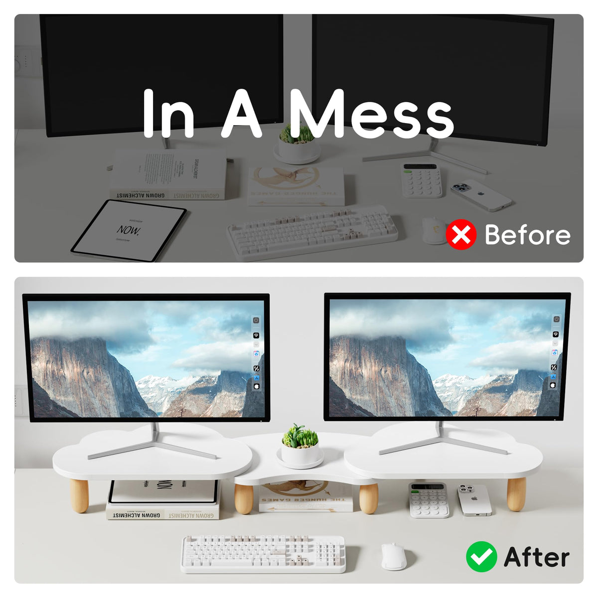 AFOOYO Dual Monitor Stand Riser,Rainbow Cloud Desktop Computer Stand for 2 Monitors,Adjustable Length and Angle Multifunctional Desktop Organizer Stand for Laptop, PC, Computer, Printer,White