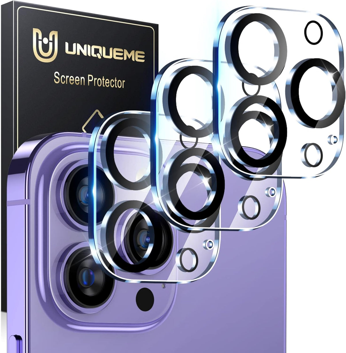 UniqueMe [3 Pack Compatible for iPhone 14 Pro Max/iPhone 14 Pro Camera Lens Protector Tempered Glass,[Case Friendly][Scratch-Resistant][Night Shooting Mode] - Clear