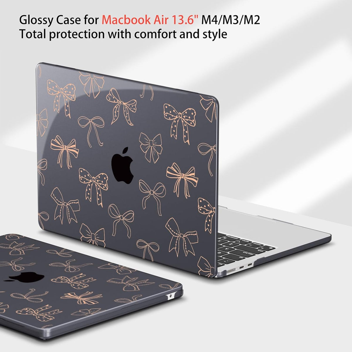 Teryeefi for M4 M3 M2 MacBook Air 13 inch Case 2025 2024 2023 2022 Release A3240 A3113 A2681 Model, for 13.6 inch MacBook Air Hard Shell Case + Keyboard Cover + Type C Adapter, Golden Bowknot-103