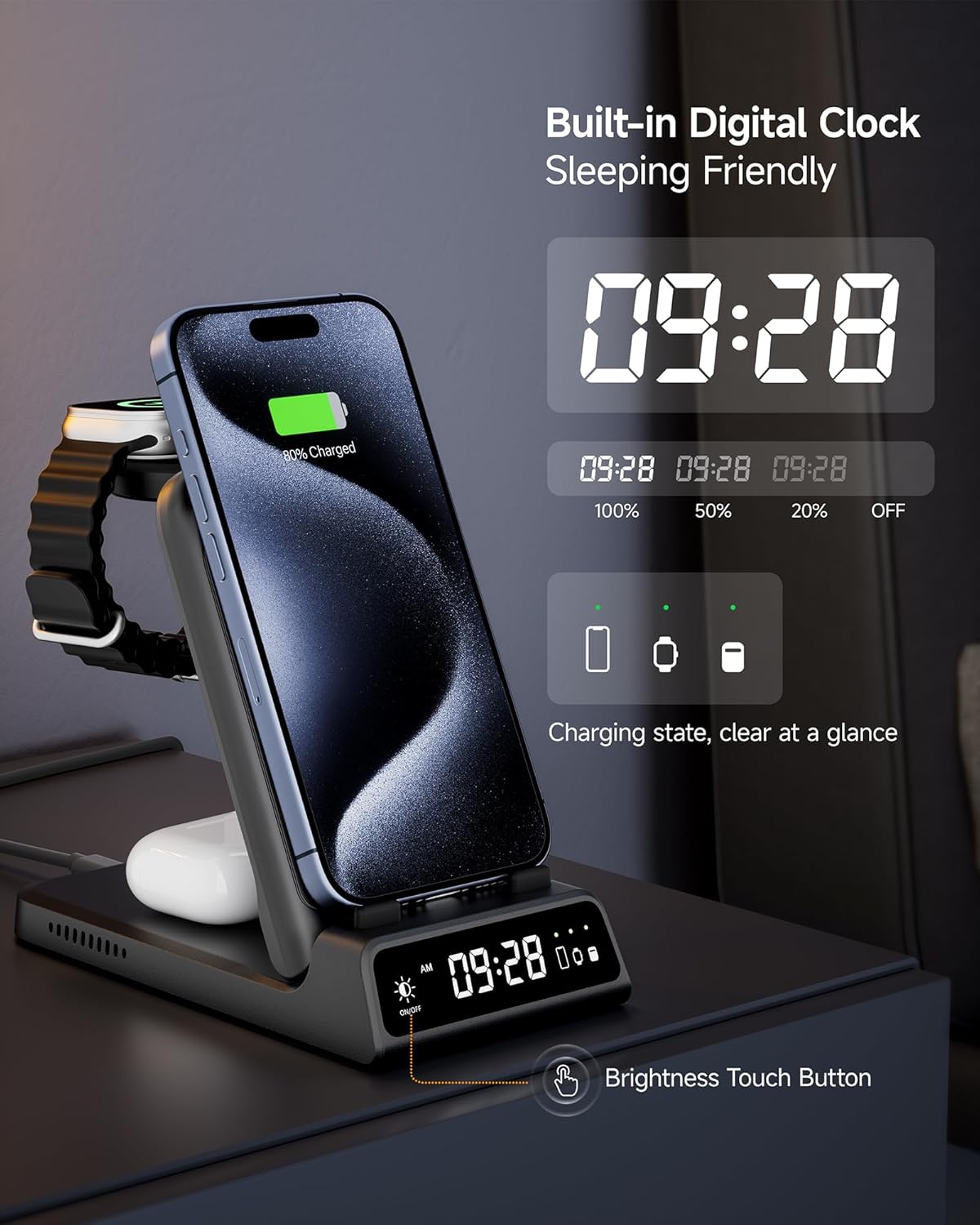 Charging Station for iPhone, SwanScout 703A, Wireless Charger for iPhone 16/15/14/13/12/11 Series, for Apple Watch 10/Ultra 2/9/8/7/6/5/SE 2, for Airpods Pro 2/4, Travel Foldable and Portable