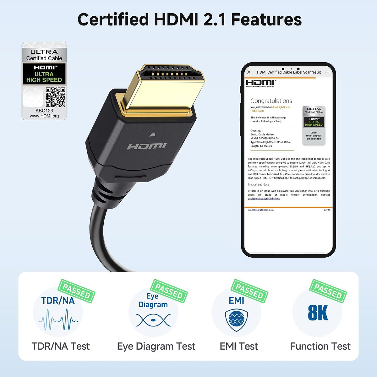 48Gbps 2.1 4.9ft, [8K@60Hz, 4K@240Hz, Dolby HDMI2.1 PS5, Cable Matters [Ultra High Speed HDMI Certified] Ultra Thin