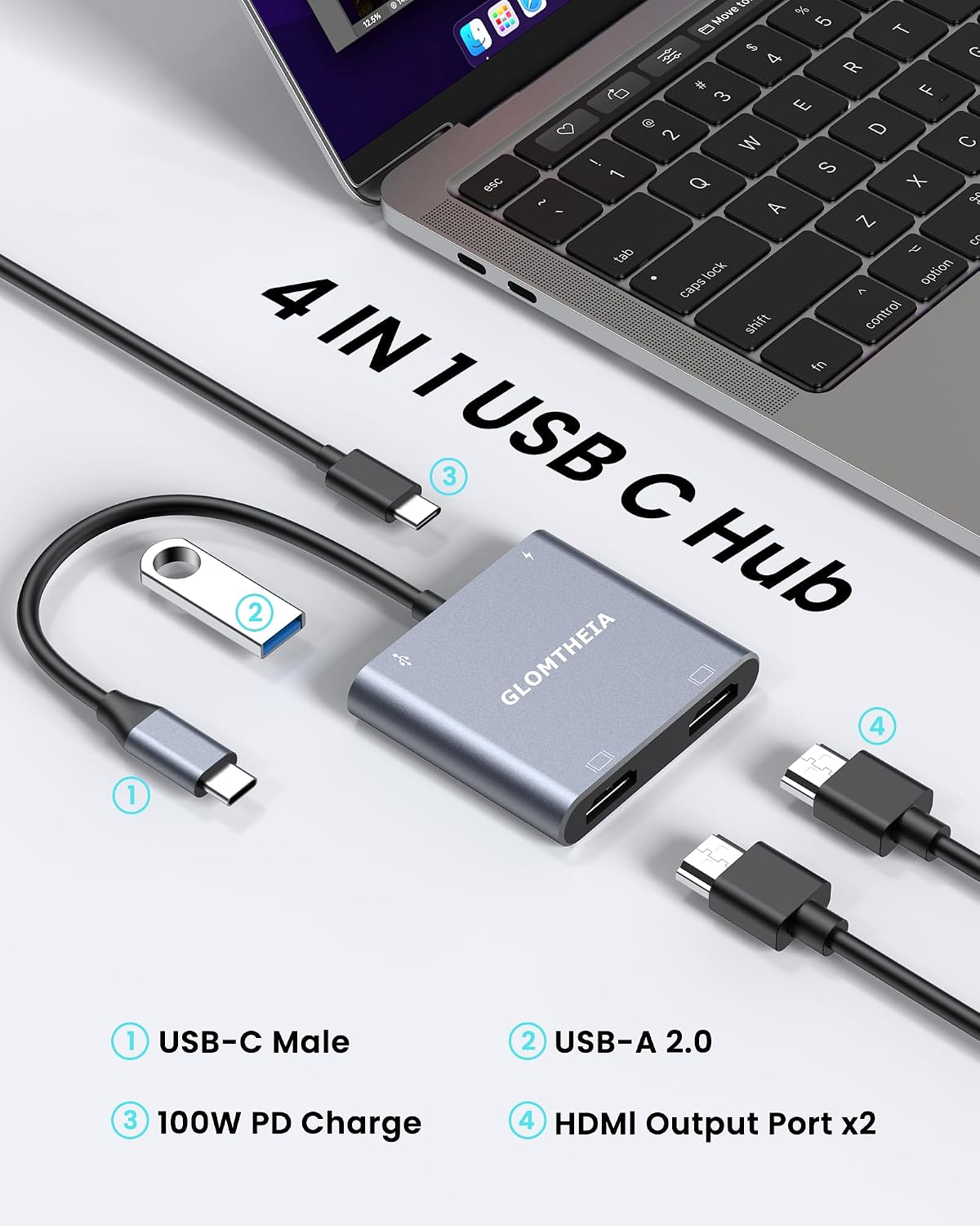 Glomtheia 4K@60Hz 100W 3-Screen USB C to Dual HDMI Adapter, Dual Monitor HDMI Splitter for Extended Display, PD, USB-A