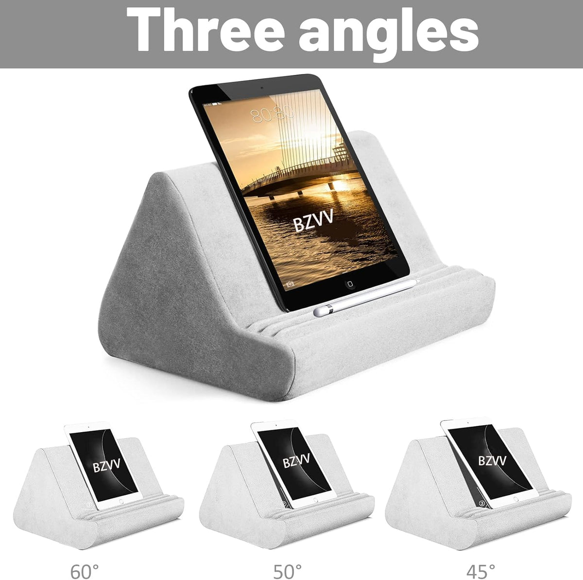 Soft Tablet Stand Pillow with Pocket,Tablet Cushion Stand,Adjustable 3 Viewing Angle,Lazy Holder Stand for Bed Sofa,Compatible with iPads Tablets eReaders Smartphones Books Magazines (Light Grey)…