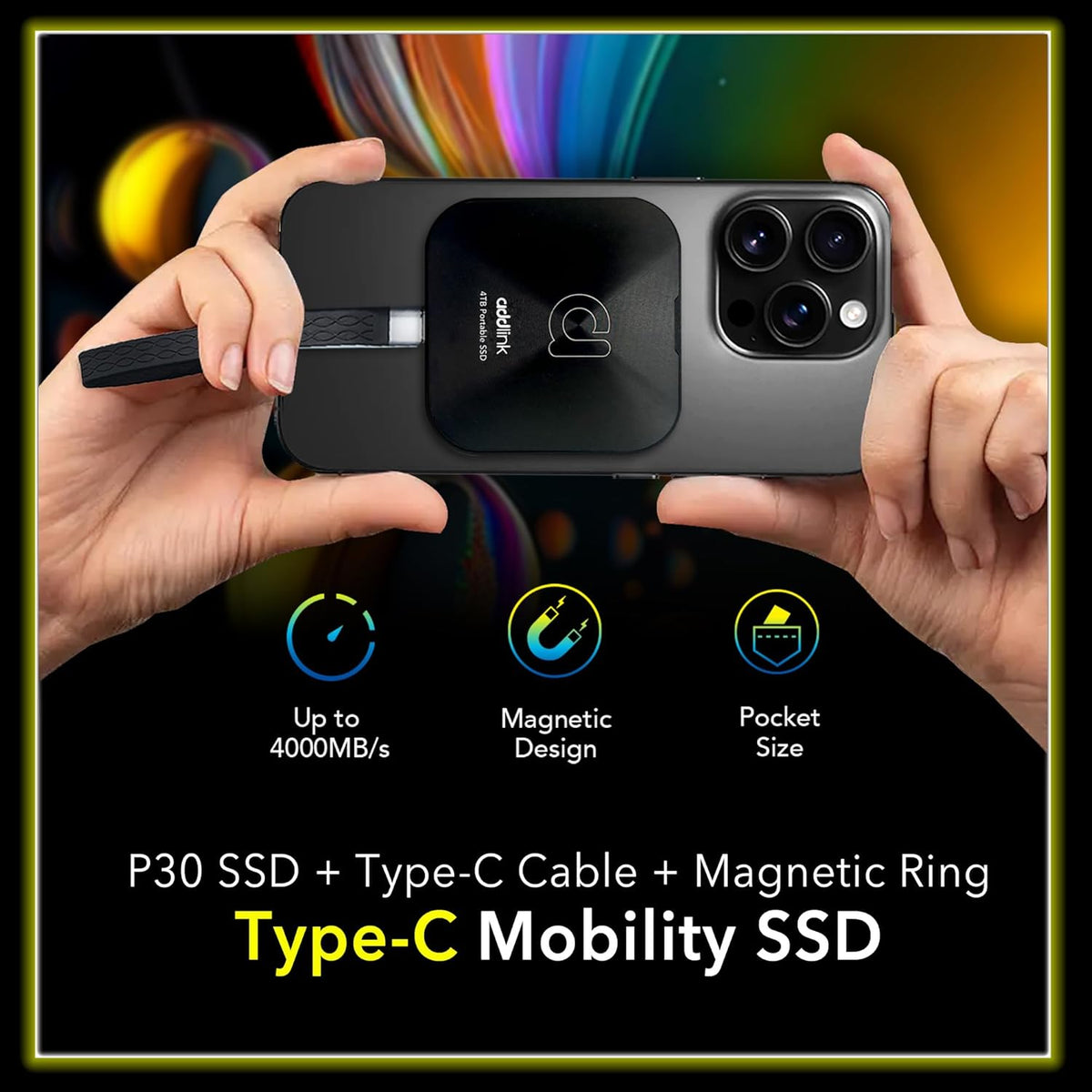 Addlink P30 1TB Magnetic Portable SSD, USB4 4000MB/s Compatible with Thunderbolt 4, ProRes 4K 120fps, PS5/PS4, MagSafe, Aluminum, for iPhone, PC, Mac, Android