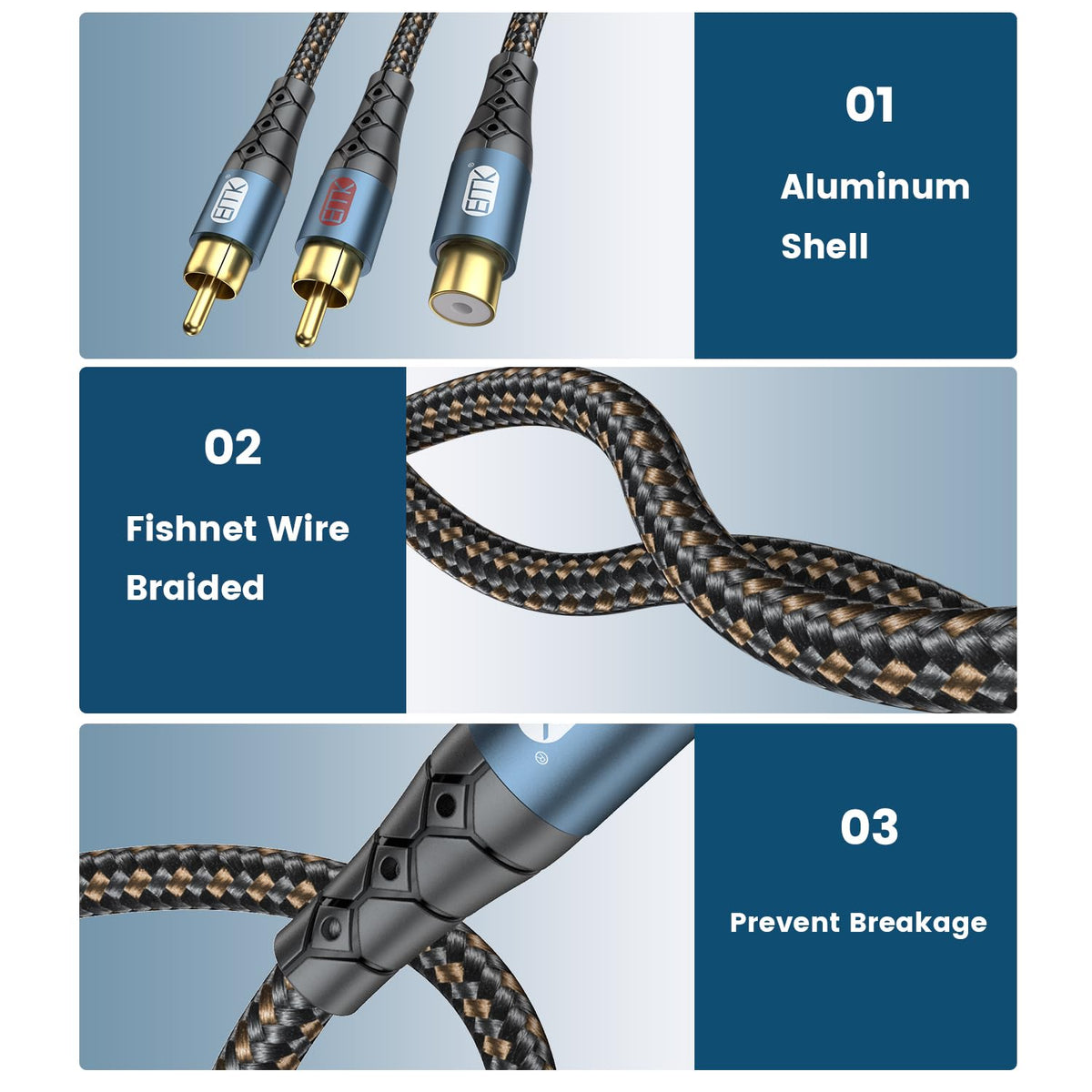 EMK RCA Splitter 2 Male to Female Extension Cable Dual Shielding Gold Plated Nylon Braided RCA Splitter 1 Female to 2 Male Cord Adapter 1ft/30CM
