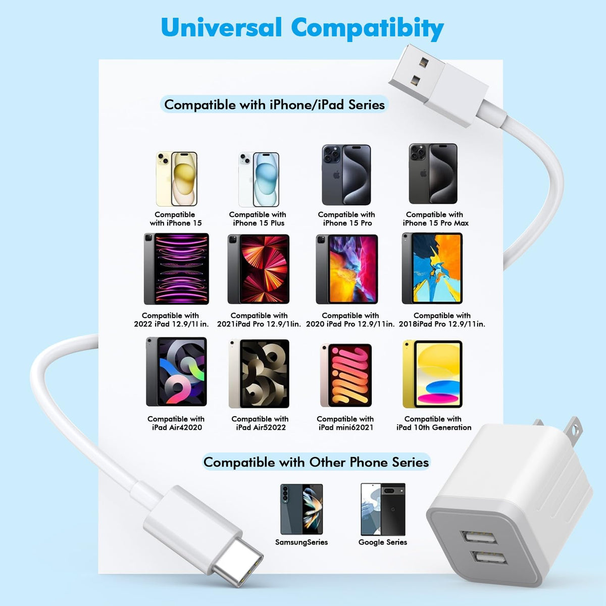 10FT iPhone 16 15 Charger,2Pack Dual Port 20W Fast Charging Block iPad Charger Plug Power Adapter 10Foot USB to USB C Cable Cord for iPhone 16/16 Pro Max/16 Plus/15/15 Plus/15 Pro/iPad Mini6/iPad Air5