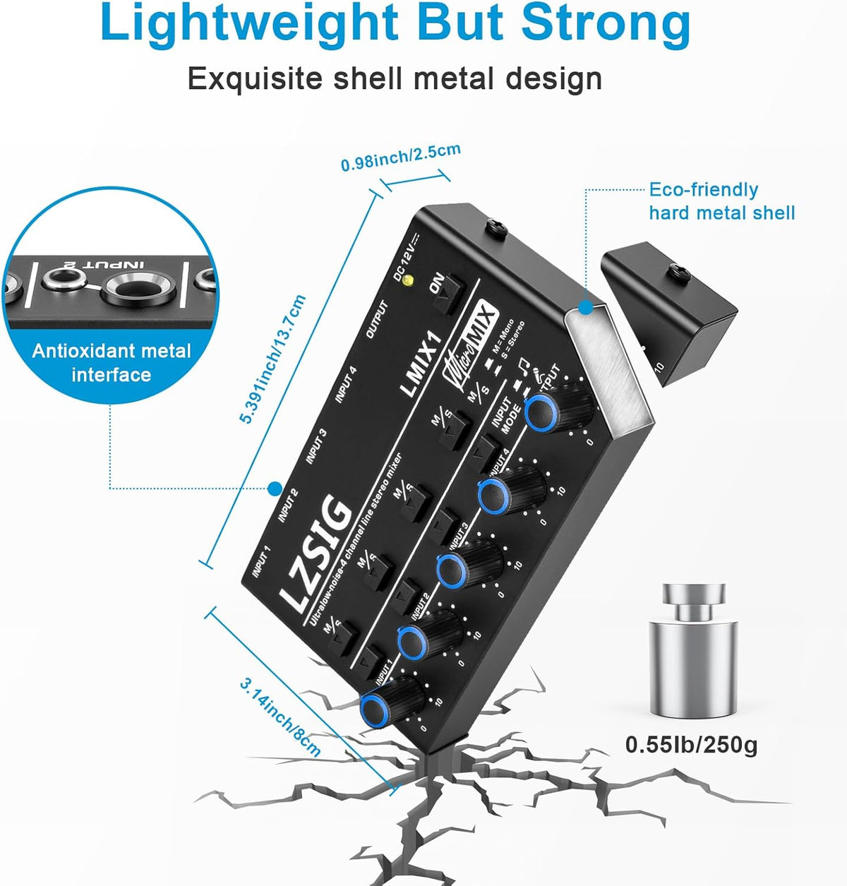 LZSIG Mini Audio Mixer, Stereo Line Mixer for Sub-Mixing, Ultra Low-Noise, 4-Channel, Dynamic Microphone Independent Control, 1/4" & 1/8" TRS Output and Input for Guitars,Bass,Keyboards