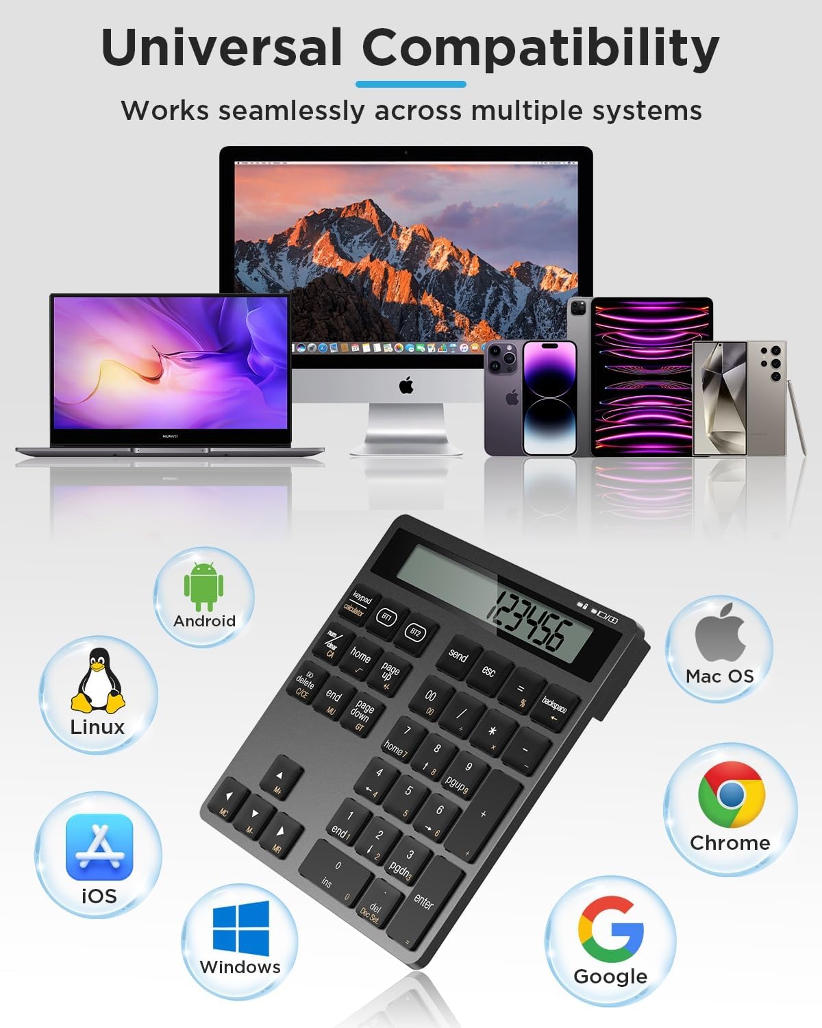 HoRiMe 34 2 1 Number Pad for Laptop - Rechargeable Wireless Number Keypad Keys with Dual Bluetooth, in Numeric Keypad