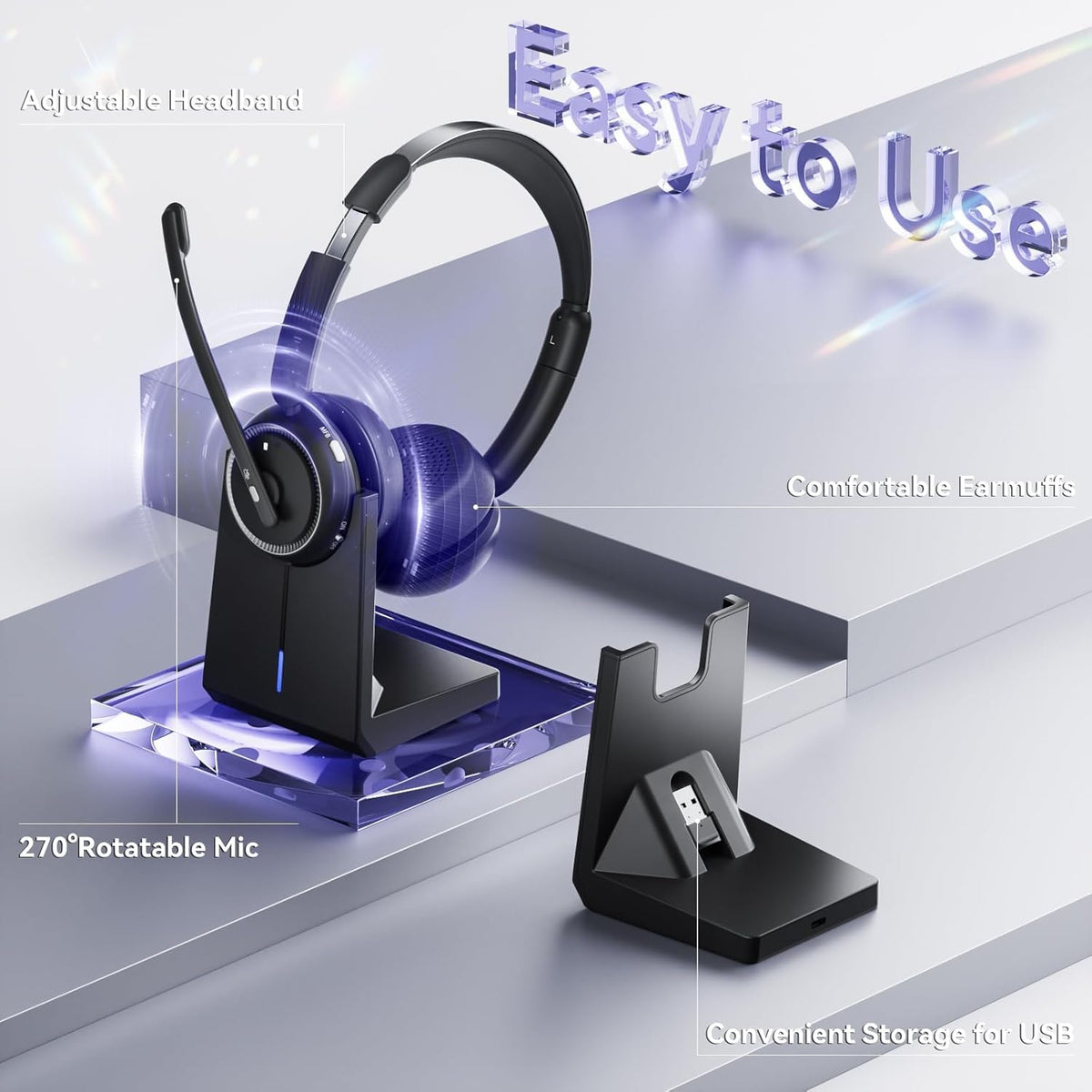 Wireless Headset with Mic for Work, Bluetooth Headset with Mic (AI Noise Canceling & Mic Mute), Wireless Headphones with USB Dongle & Charging Base for Work/Home/Call Center/PC/Computer/Zoom/Teams